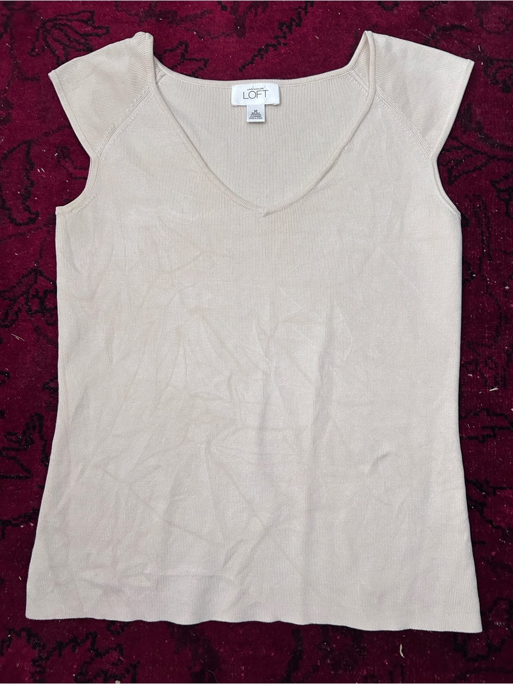 LOFT Women's Cap-Sleeve V-Neck Knit Silk Top in Light Beige